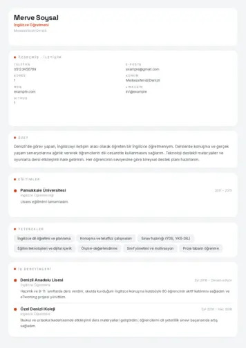 Yabancı Dil Öğretmeni Cv Örnekleri cv indir